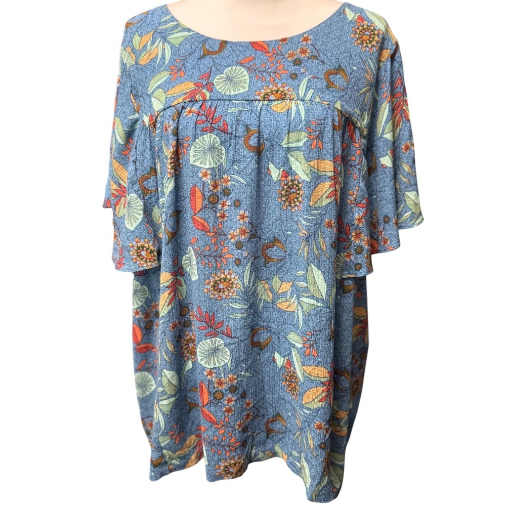 Susan Graver‎ Pure Boho Floral Flutter Sleeve Top XL Blue Excellent Botanical